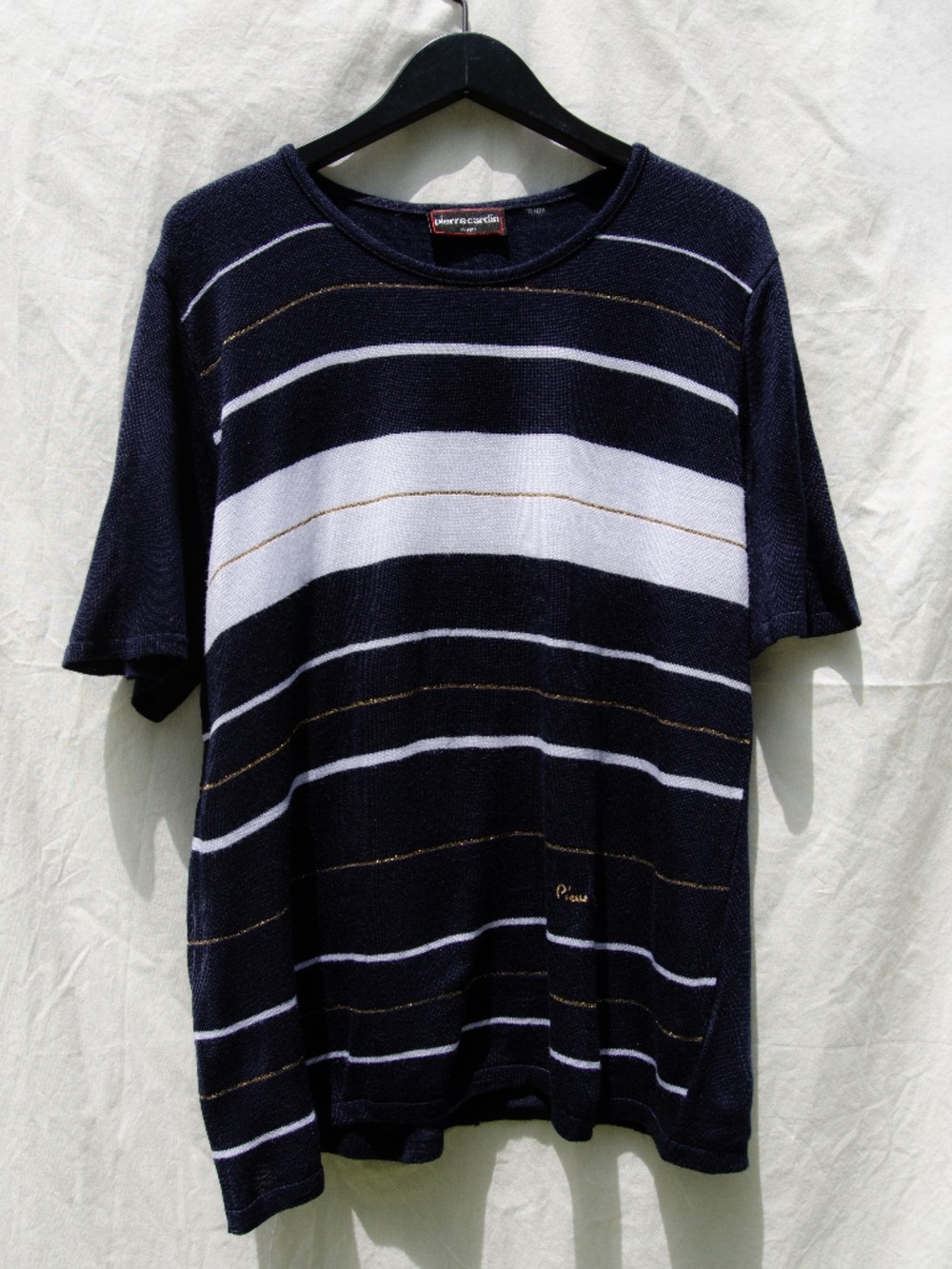 VINTAGE Pierre Cardin Lurex Striped Navy Knit T-shirt St. Tropez Italian Made
